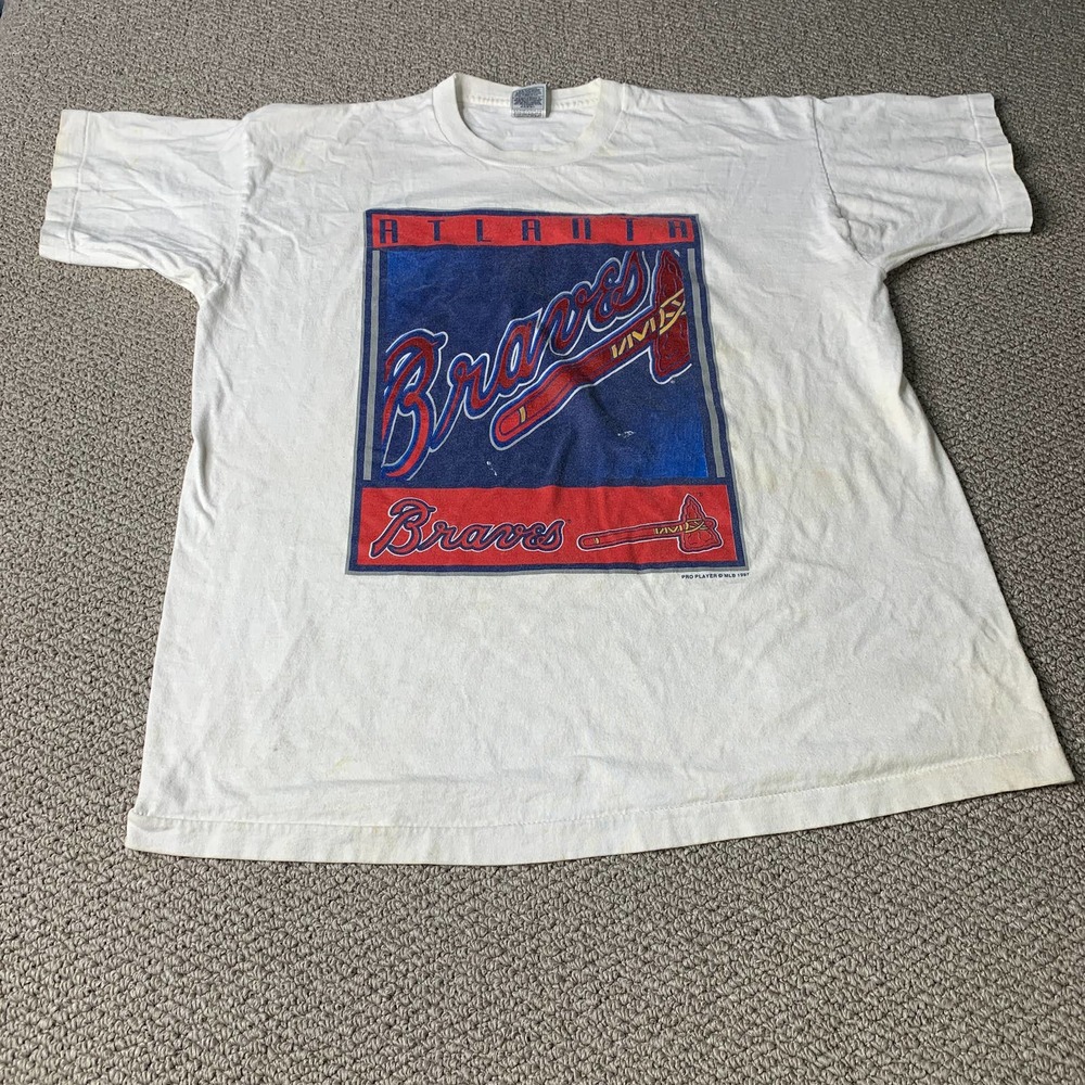 VTG Atlanta Braves Mens T-Shirt XL White Fruit Of The Loom Heavyweight Graphic‎